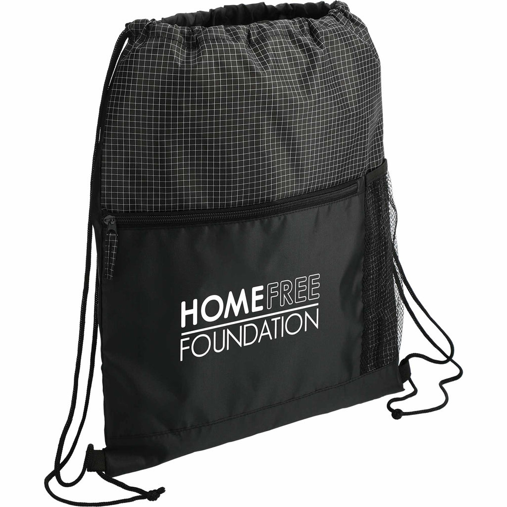 Grid Drawstring Bag with Zip Pocket Full Color - Black - Right Angle