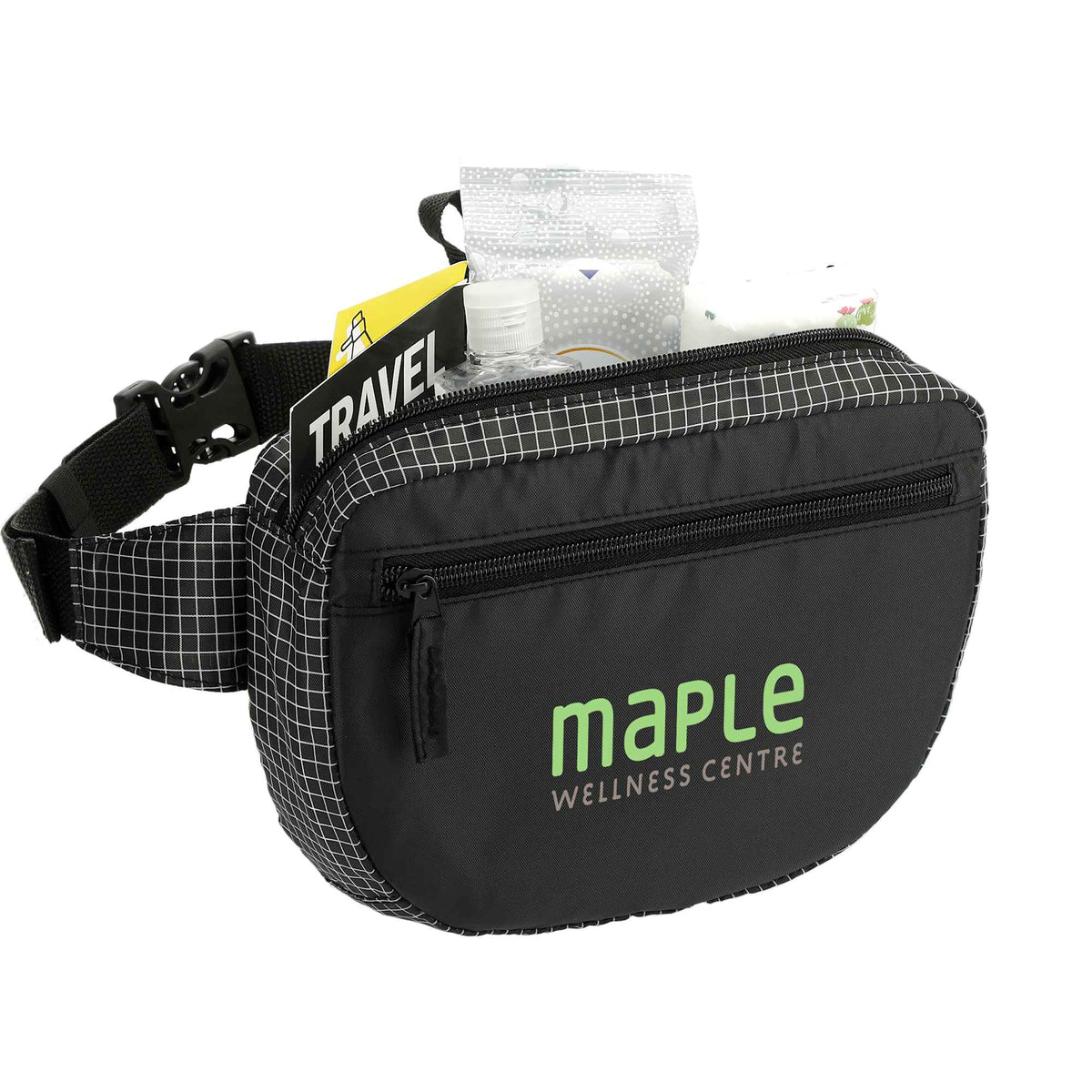 Grid Nylon Fanny Pack with Front Pocket - Black - Right Angle 2