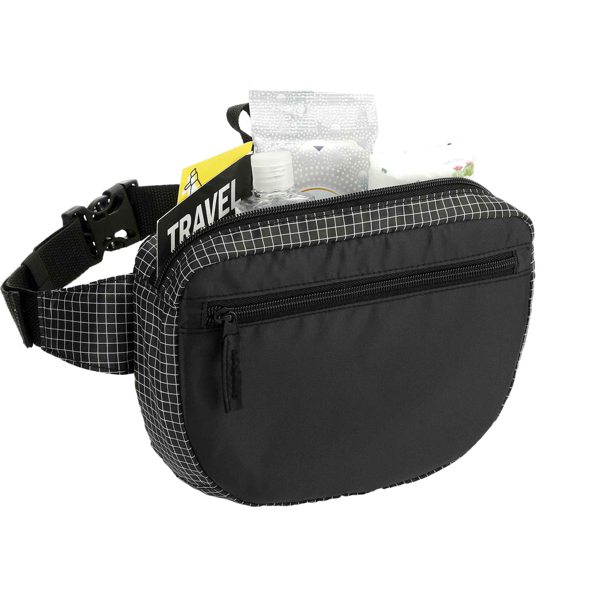 Grid Nylon Fanny Pack with Front Pocket - Black - Right Angle 4