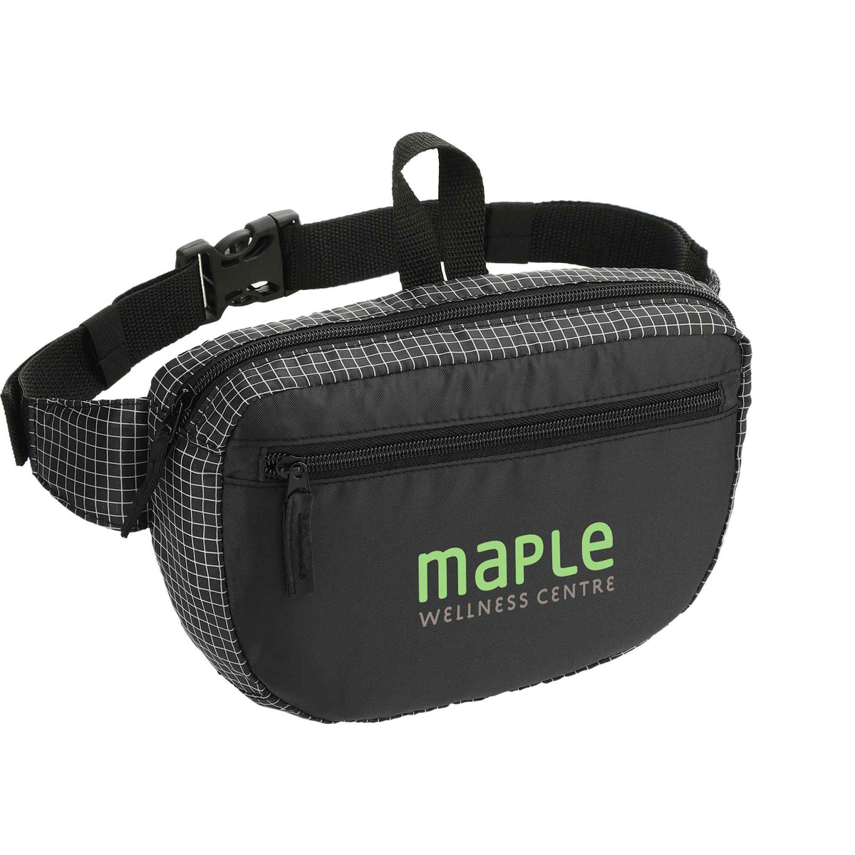 Grid Nylon Fanny Pack with Front Pocket - Black - Right Angle