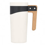 Grotto Ceramic Mug with Wood Handle and Lid, 16 oz - White - Front Straight