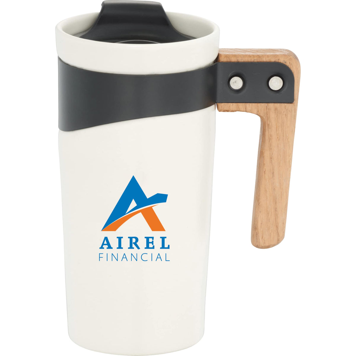 Grotto Ceramic Mug with Wood Handle and Lid, 16 oz - White - Front