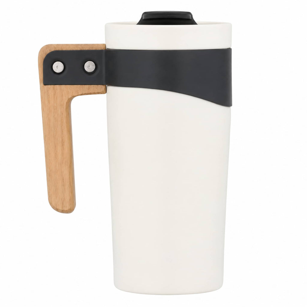 Grotto Ceramic Mug with Wood Handle and Lid, 16 oz - White - Straight