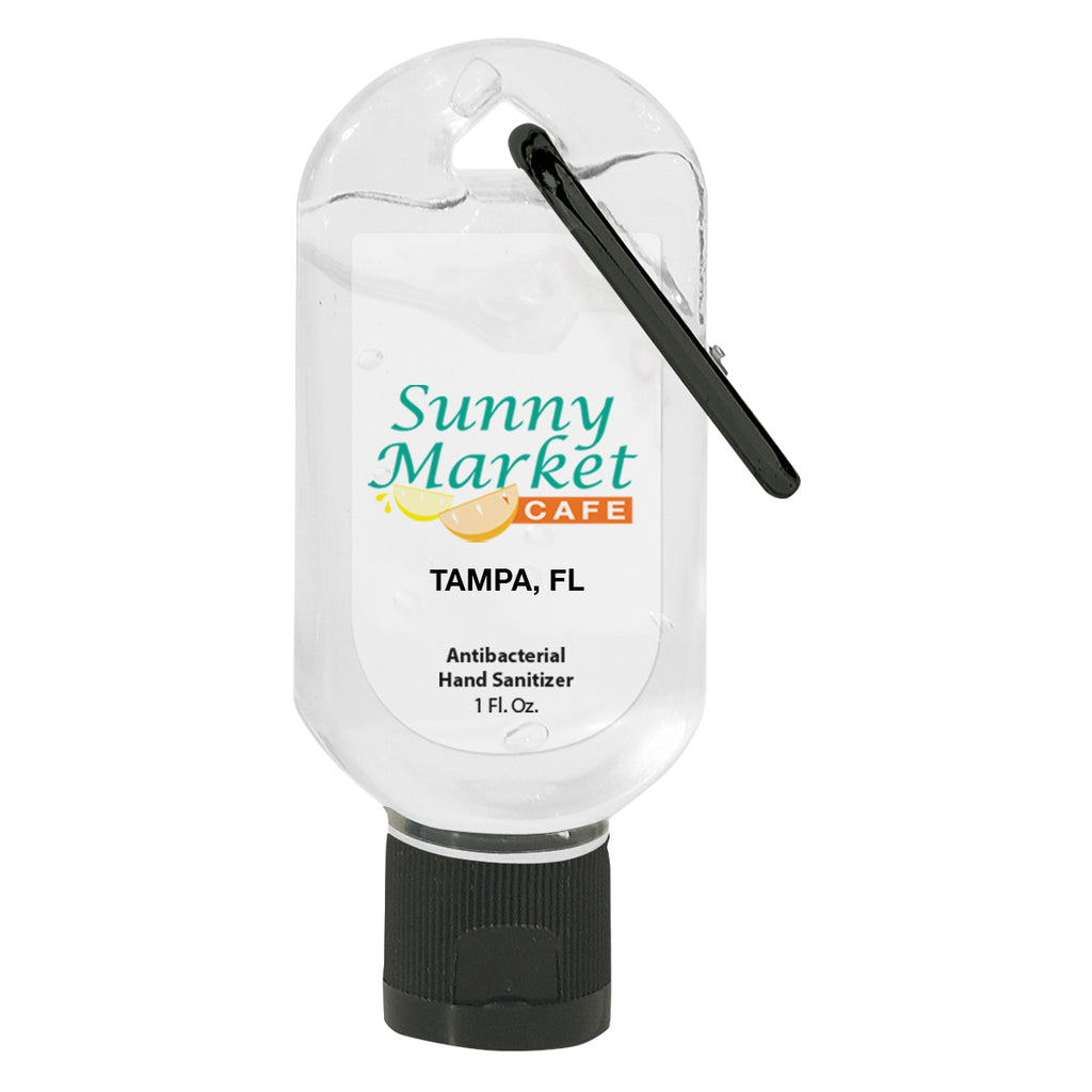 Hand Sanitizer with Carabiner, 1 oz - Translucent Black - Full Color on a Clear Label
