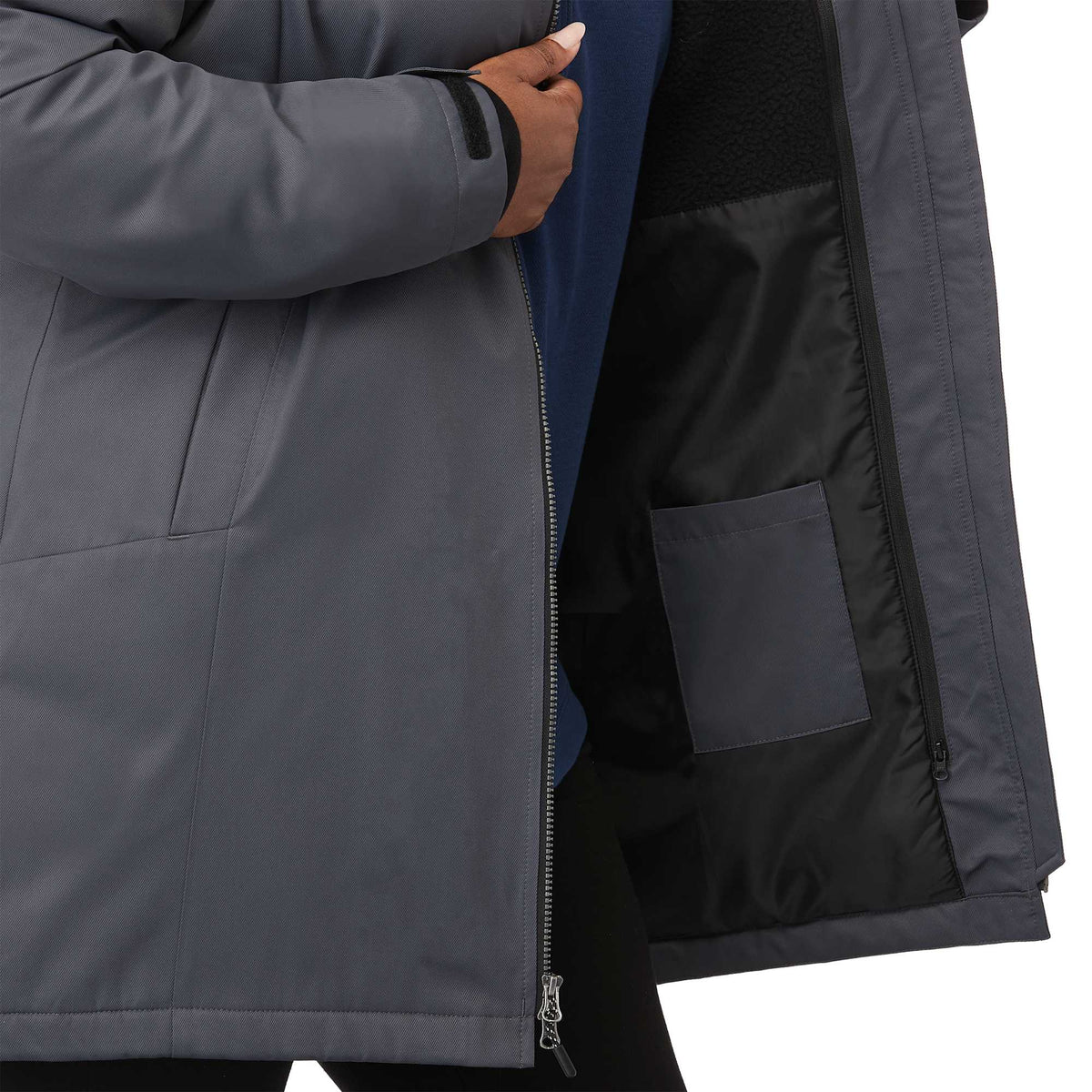 Hardy Recycled Insulated Jacket with Sherpa Lining for Women Debossing - Grey Storm - On Model Detail
