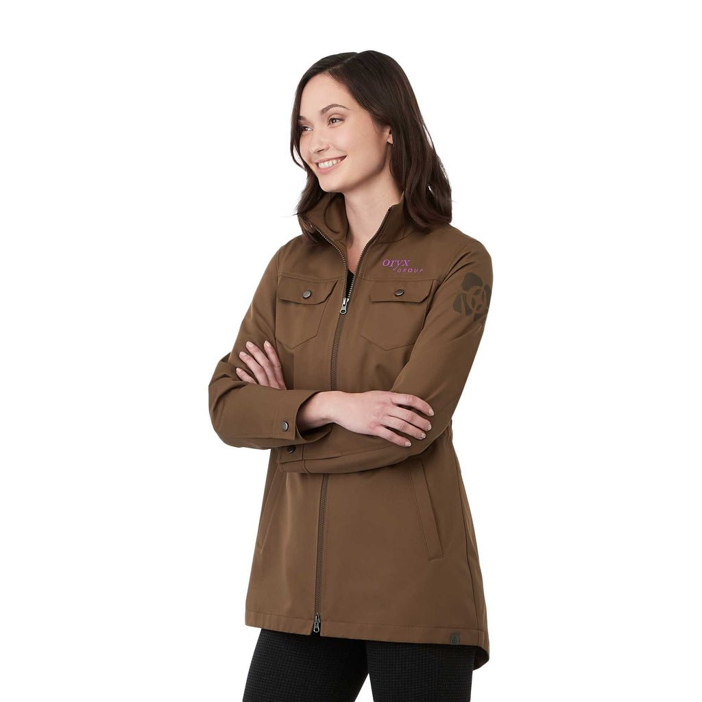 Hardy Recycled Mid Length Jacket for Women Embroidery - Bark - Left Angle On Model 2