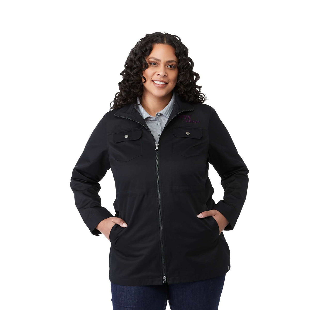Hardy Recycled Mid Length Jacket for Women Embroidery - Black - Front On Model 2