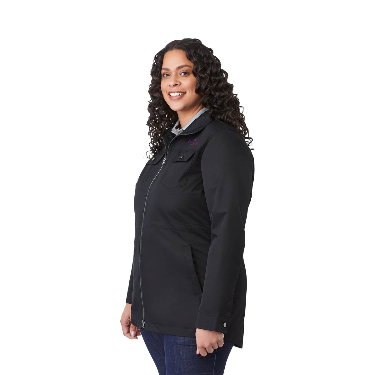 Hardy Recycled Mid Length Jacket for Women Laser Engraving - Black - Left Angle On Model