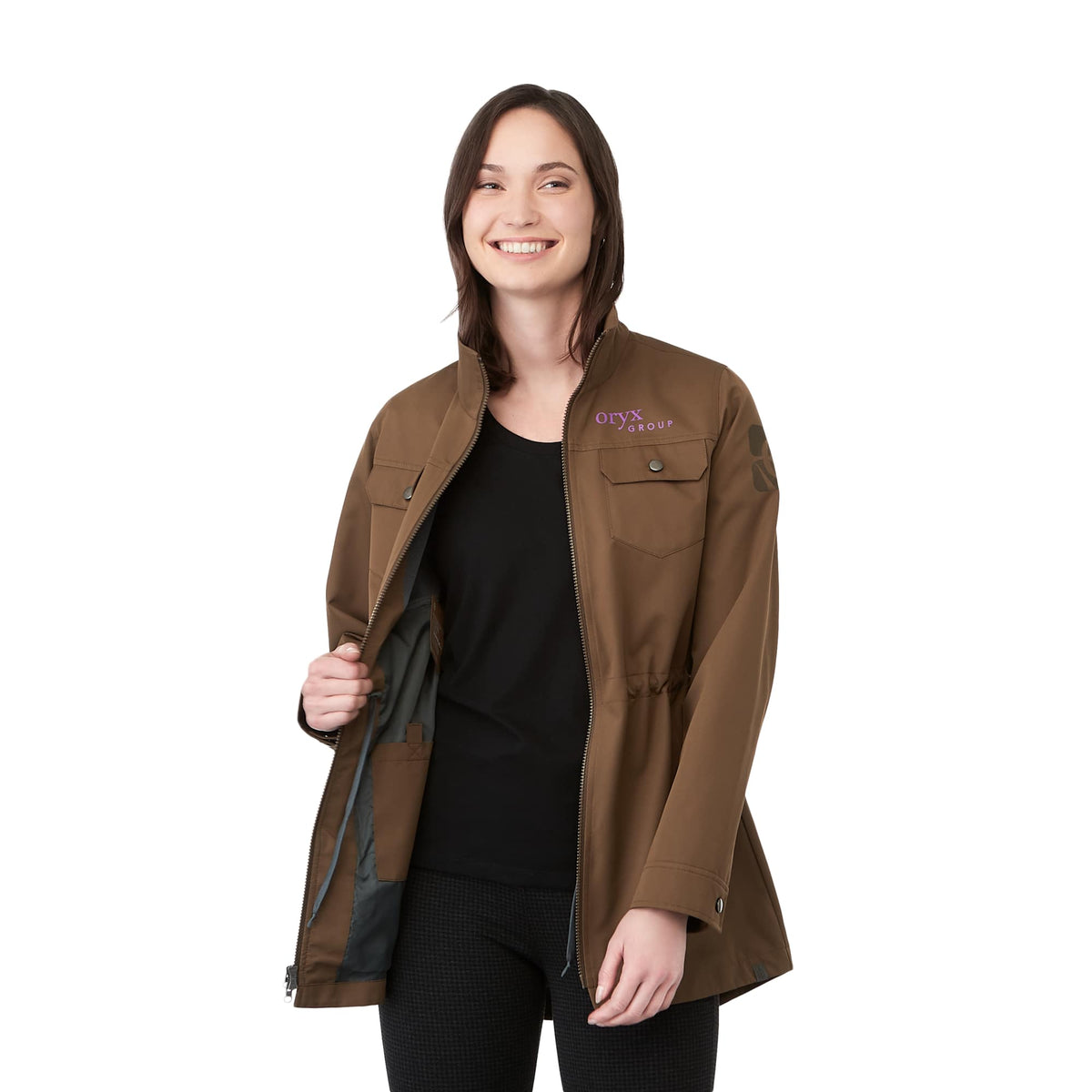 Hardy Recycled Mid Length Jacket for Women Transfer - Bark - Front On Model