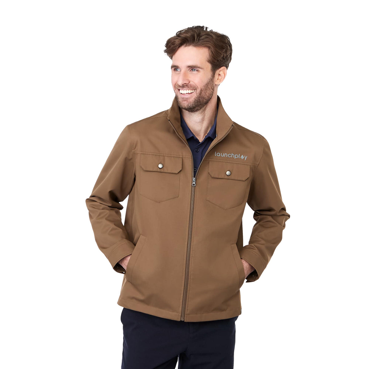 Hardy Recycled Work Jacket for Men Debossing - Bark - Front On Model