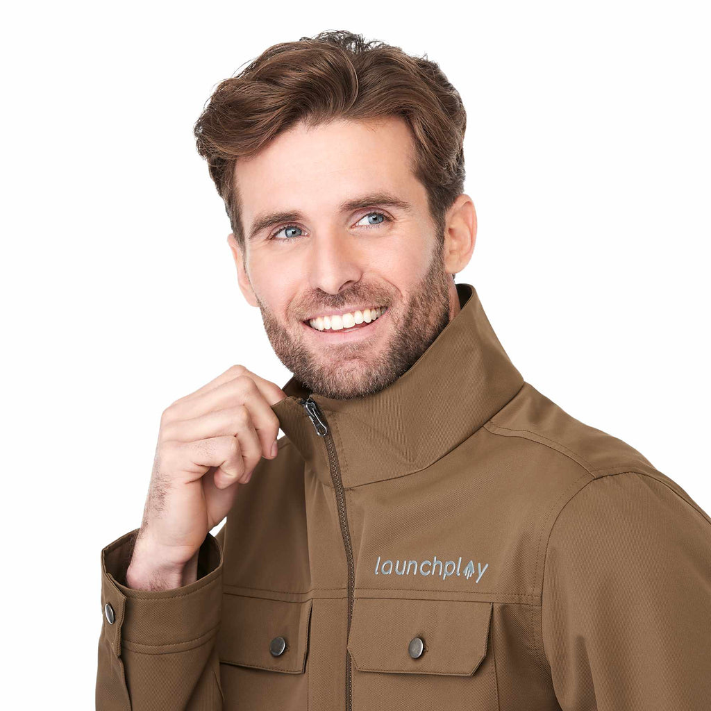 Hardy Recycled Work Jacket for Men Debossing - Bark - Left Angle On Model Collar