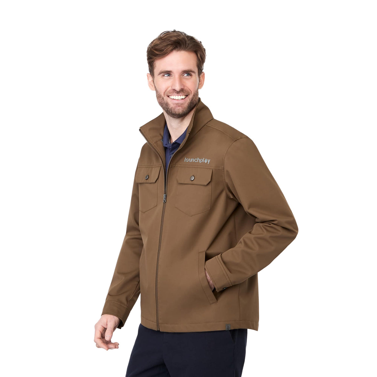 Hardy Recycled Work Jacket for Men Laser Engraving - Bark - Left Angle On Model