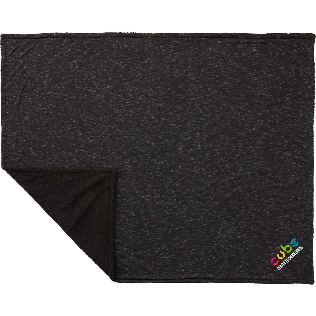 Heathered Sherpa Blanket, Black Embroidery - Black - Front