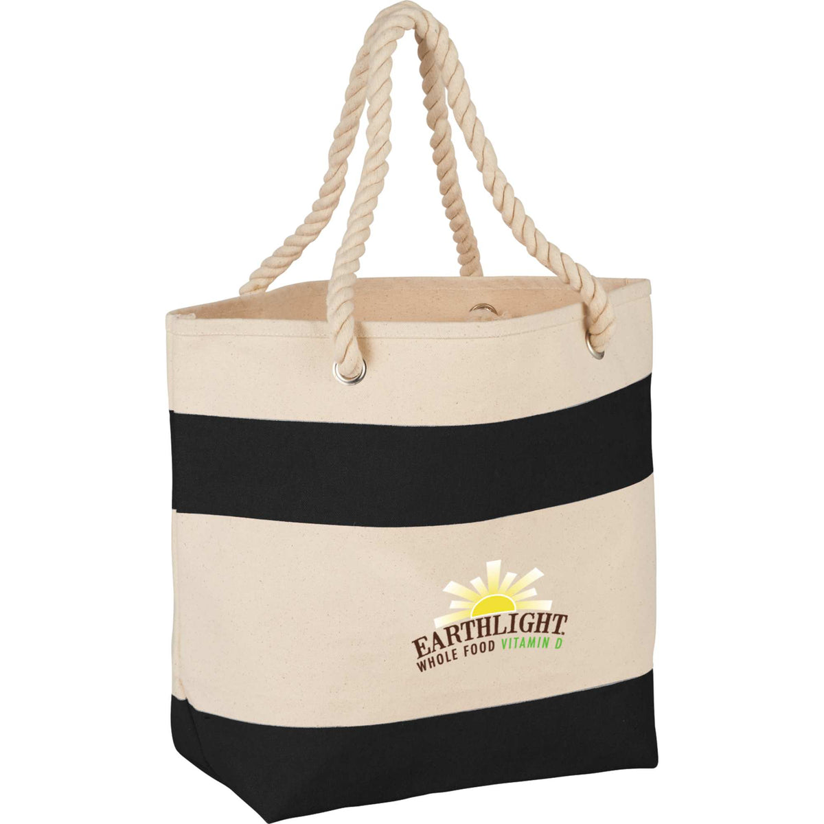 Heavy Canvas Rope Handle Tote with Stripe, 16 oz Embroidery - Black - Photo