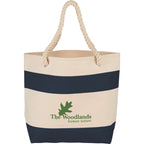 Heavy Canvas Rope Handle Tote with Stripe, 16 oz Embroidery - Navy - Front