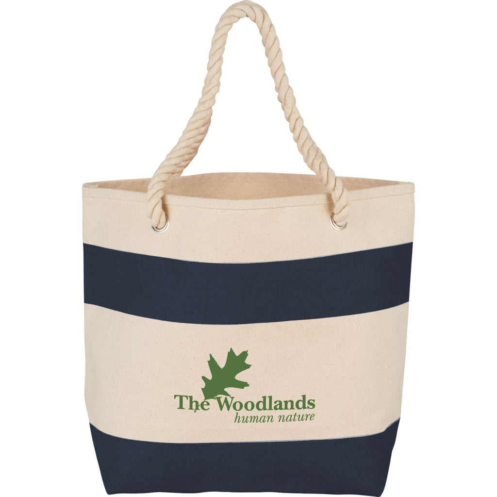 Heavy Canvas Rope Handle Tote with Stripe, 16 oz Full Color - Navy - Front