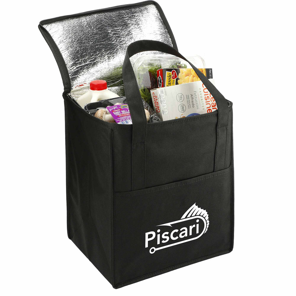 Hercules Flat Top Insulated Grocery Tote, 22 lb Capacity Full Color - Black - Right Angle 2