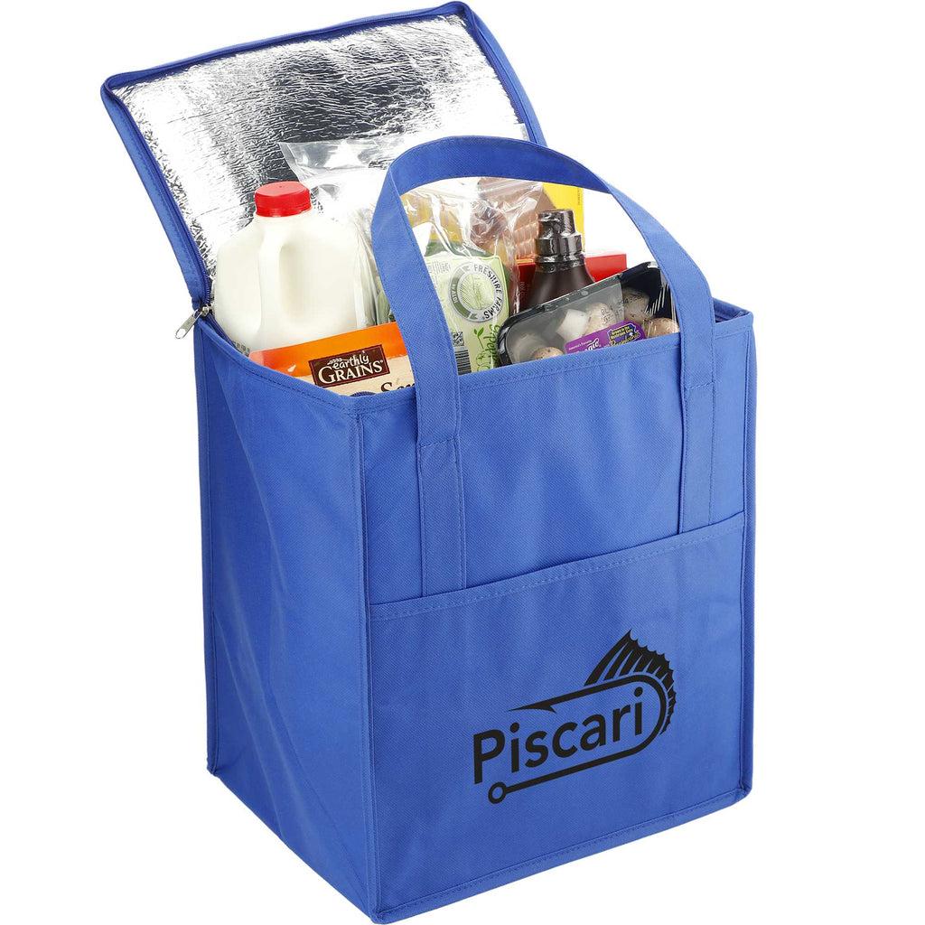 Hercules Flat Top Insulated Grocery Tote, 22 lb Capacity - Royal - Right Angle 2