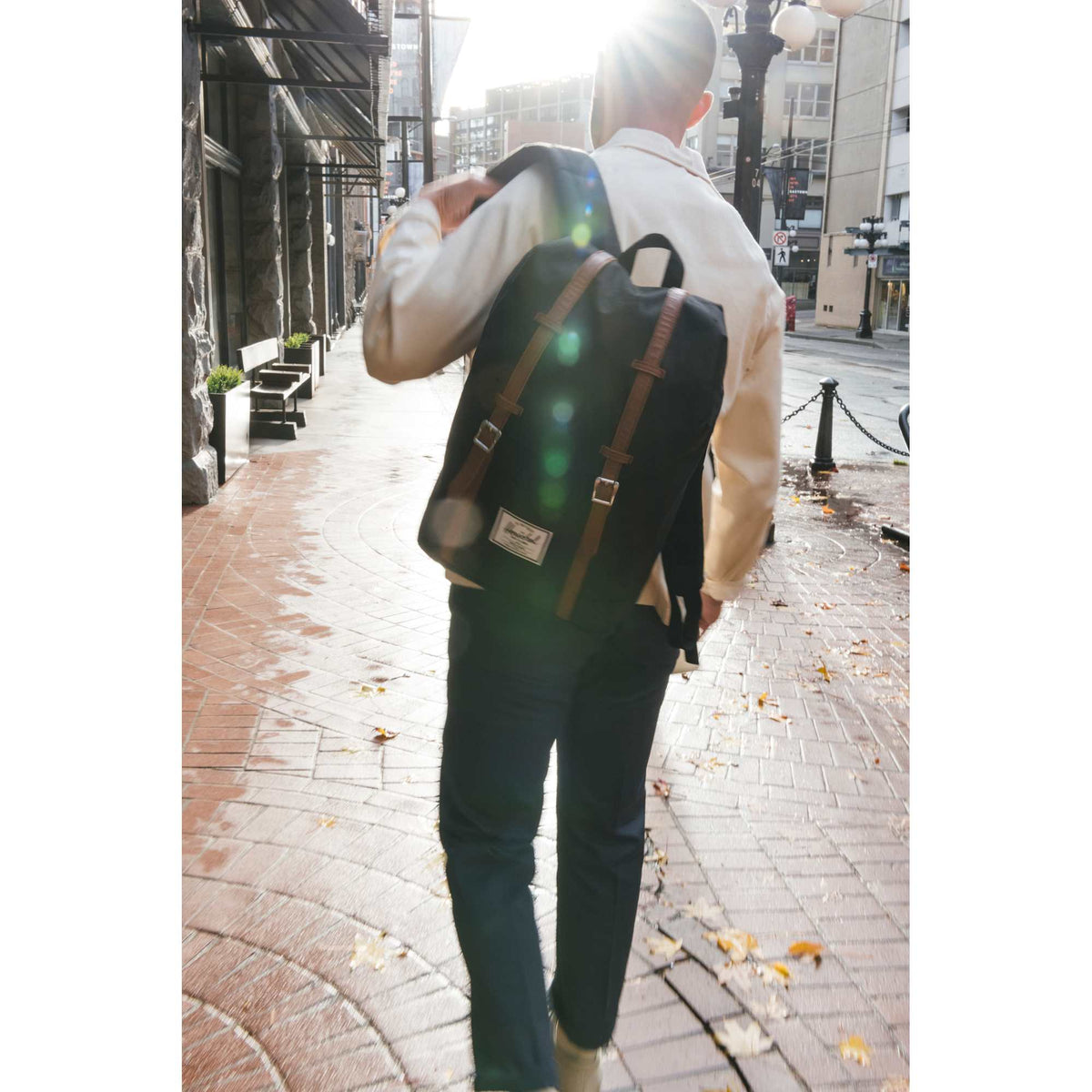 Herschel Retreat Drawstring Backpack in Polycanvas, 15 Inch Embroidery - Black - On Model 2