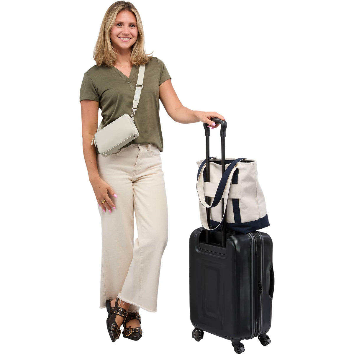 High Sierra Courier Crossbody Bag in Recycled Polyester Transfer - Limestone Grey - On Model 6