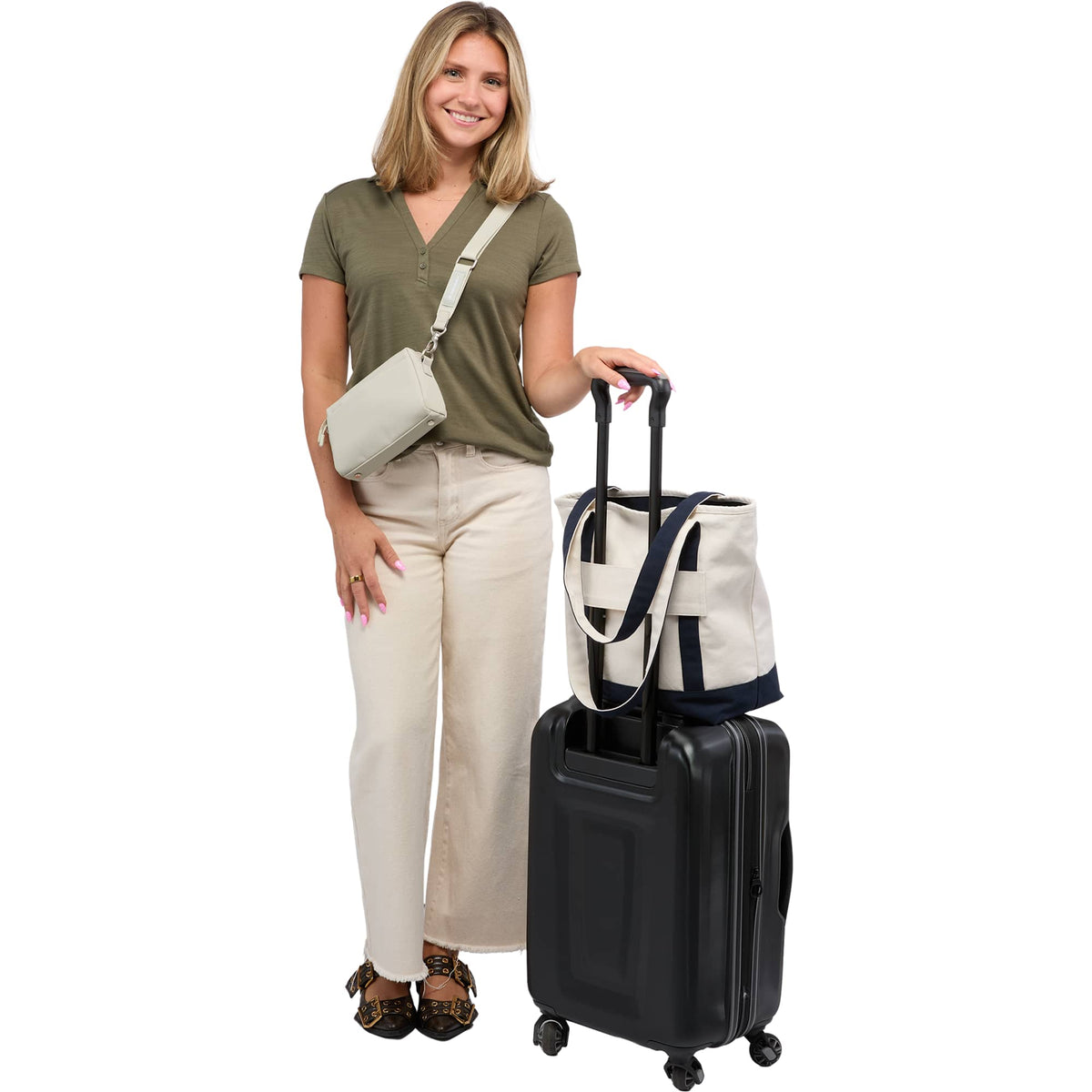 High Sierra Courier Crossbody Bag in Recycled Polyester Transfer - Limestone Grey - On Model 7