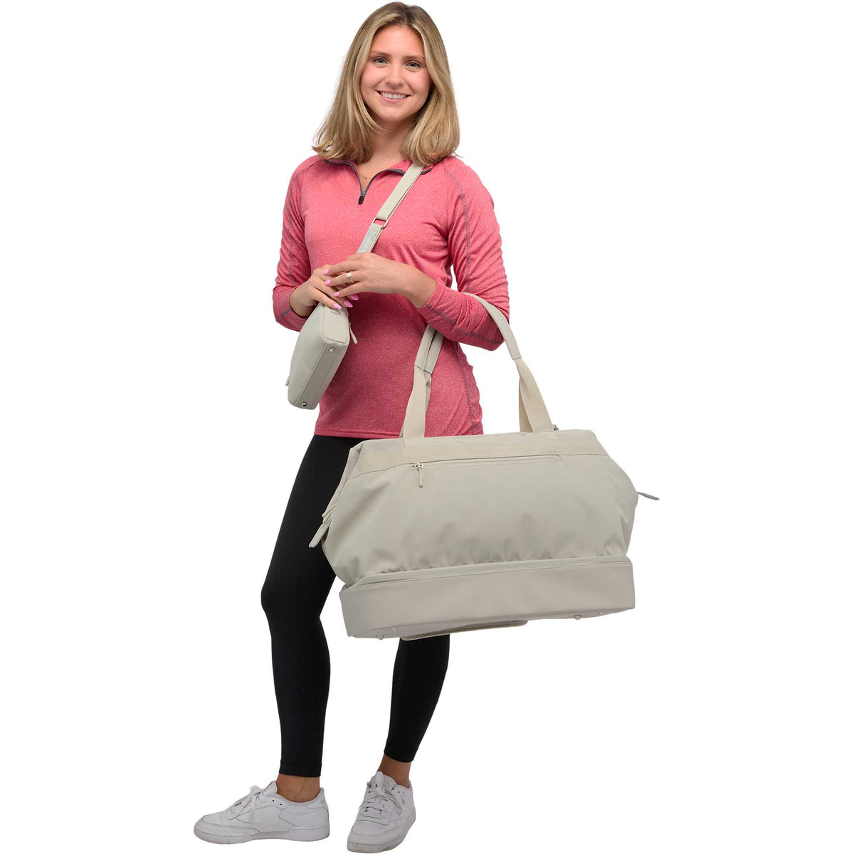 High Sierra Courier Duffel Bag with Drop Bottom Transfer - Limestone Grey - On Model 3
