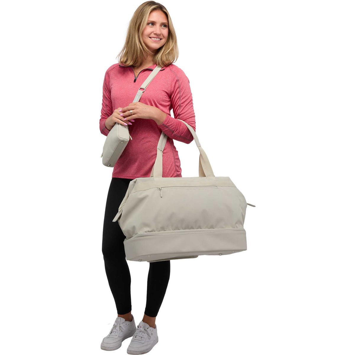 High Sierra Courier Duffel Bag with Drop Bottom Transfer - Limestone Grey - On Model 6