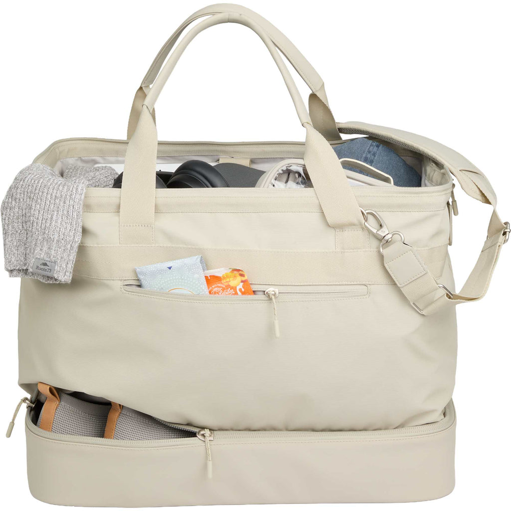 High Sierra Courier Duffel Bag with Drop Bottom Transfer - Limestone Grey - Propped 2
