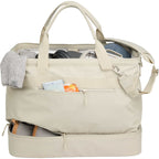 High Sierra Courier Duffel Bag with Drop Bottom Transfer - Limestone Grey - Propped 2
