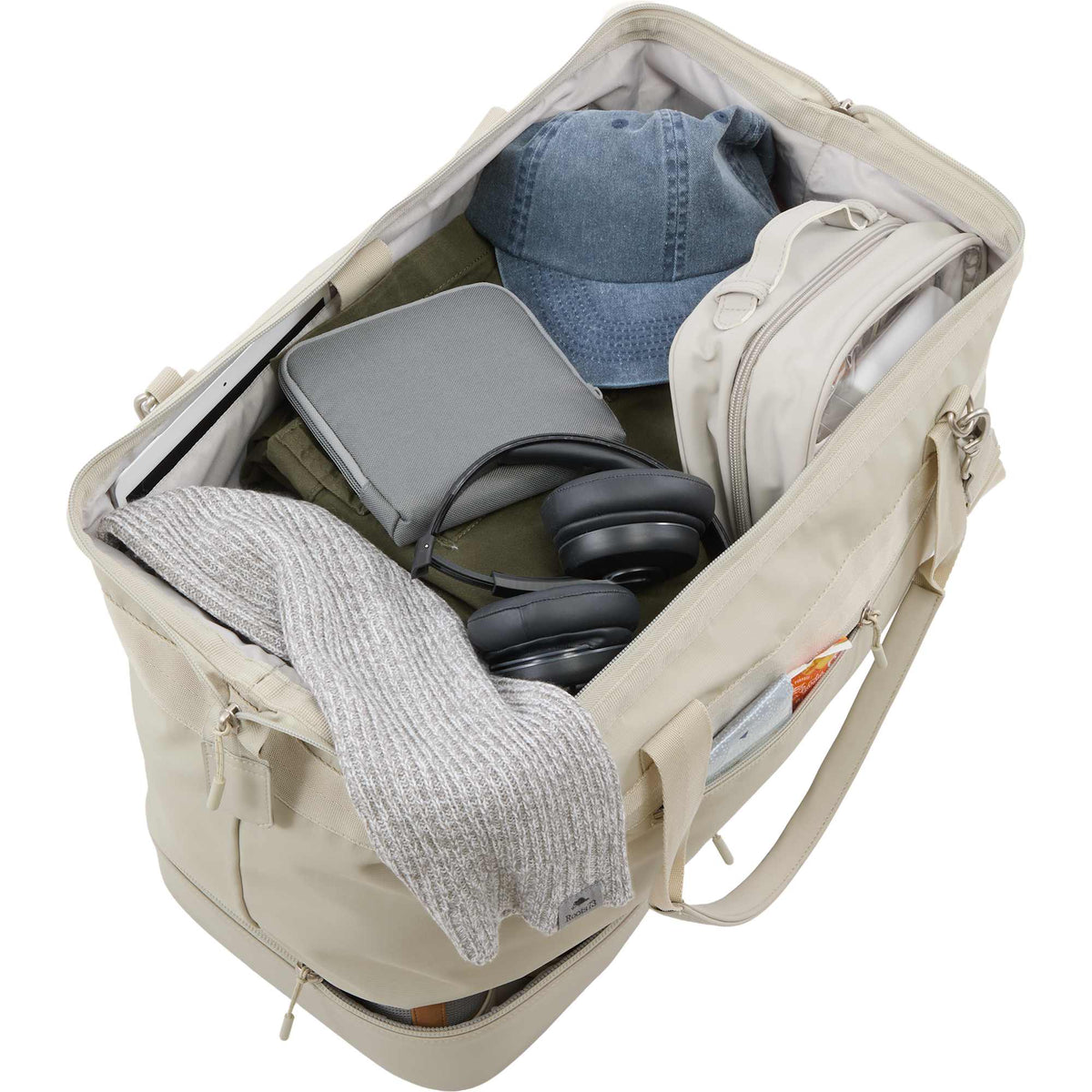 High Sierra Courier Duffel Bag with Drop Bottom Transfer - Limestone Grey - Propped