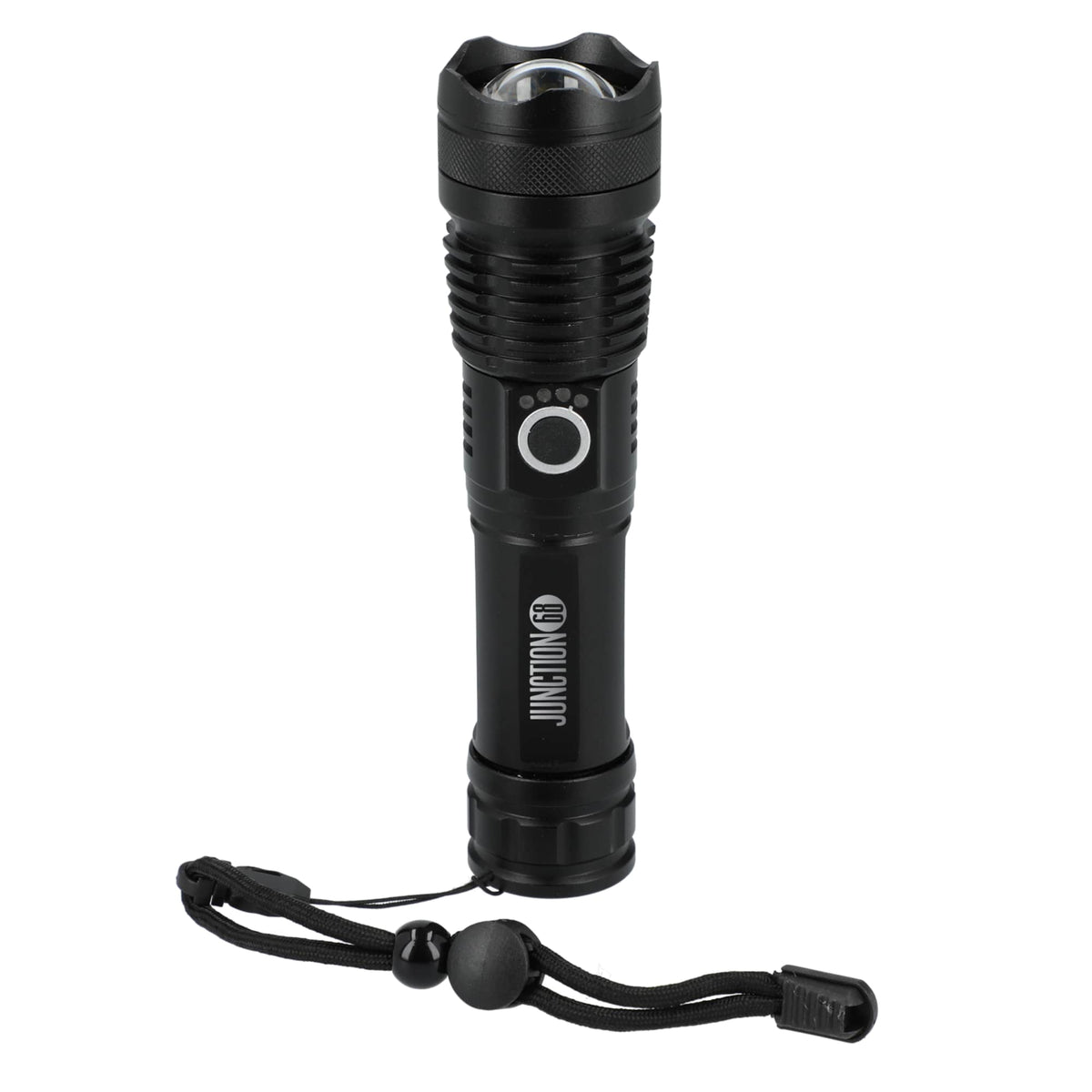 High Sierra Recycled Aluminum Zoom Flashlight, 200 Lumens Laser Engraving - Black - Front 2