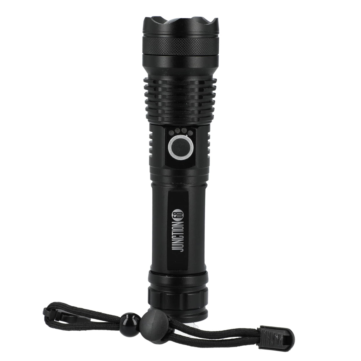 High Sierra Recycled Aluminum Zoom Flashlight, 200 Lumens Laser Engraving - Black - Front 3