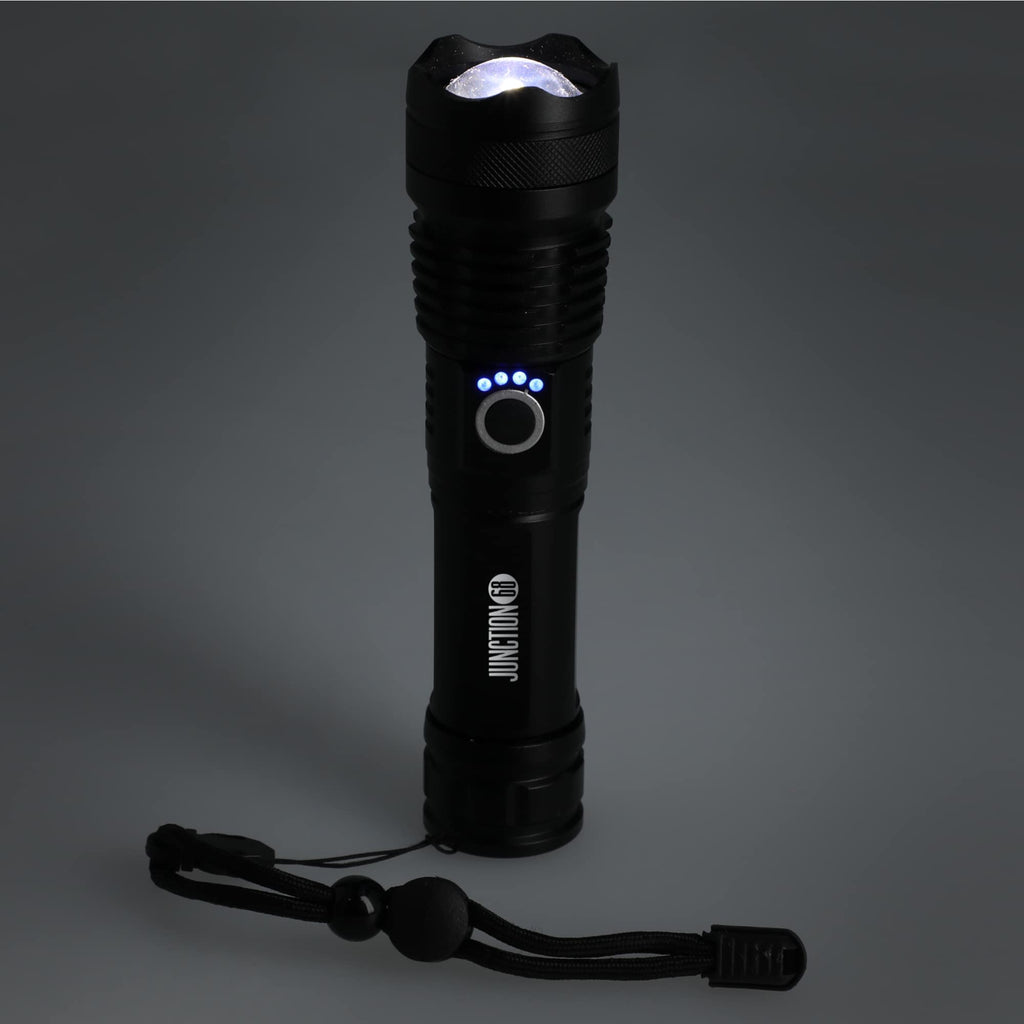 High Sierra Recycled Aluminum Zoom Flashlight, 200 Lumens Laser Engraving - Black - Front