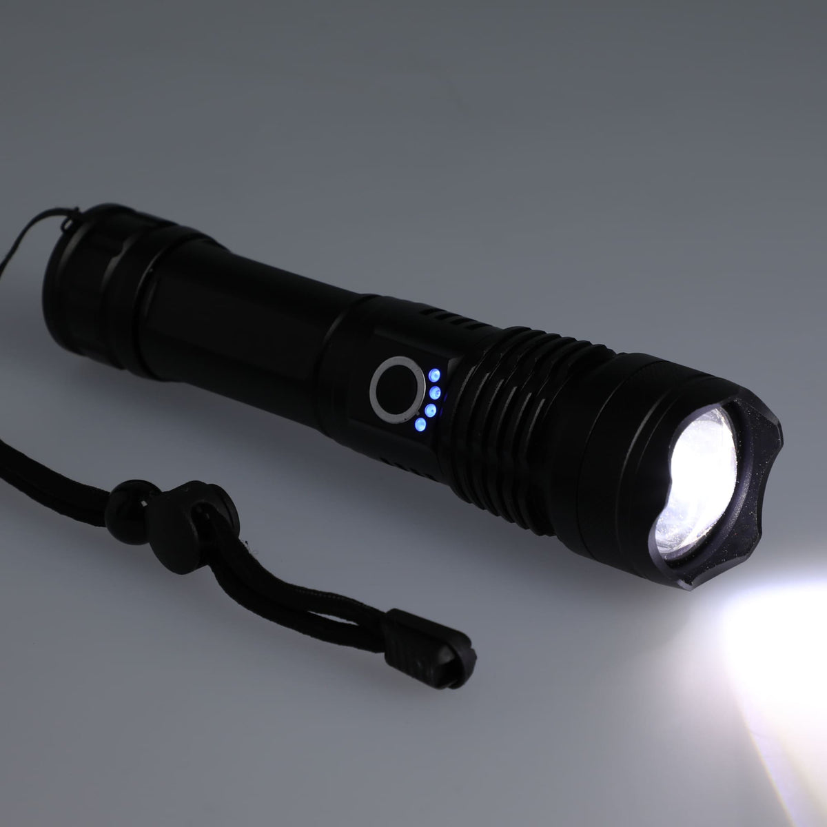 High Sierra Recycled Aluminum Zoom Flashlight, 200 Lumens Laser Engraving - Black - Left Angle 2