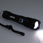 High Sierra Recycled Aluminum Zoom Flashlight, 200 Lumens Laser Engraving - Black - Left Angle