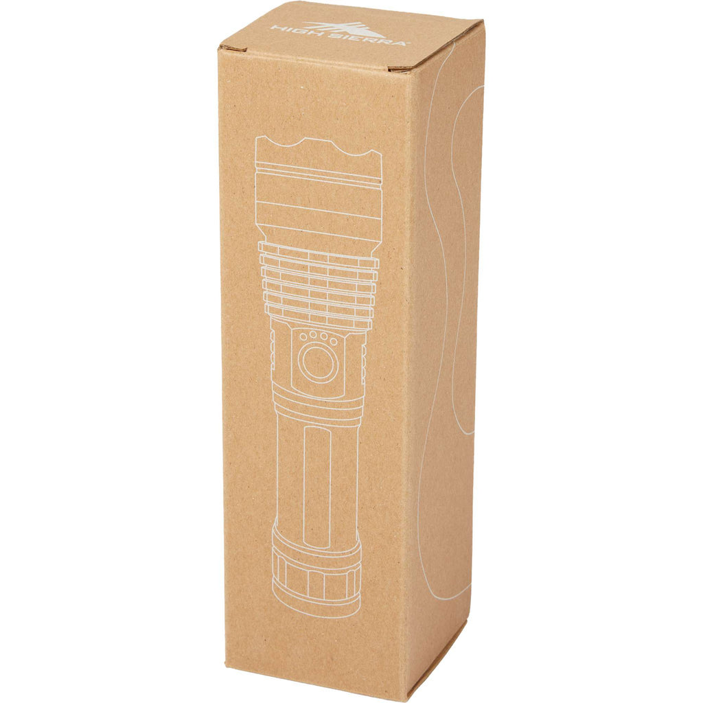 High Sierra Recycled Aluminum Zoom Flashlight, 200 Lumens Laser Engraving - Black - Packaging