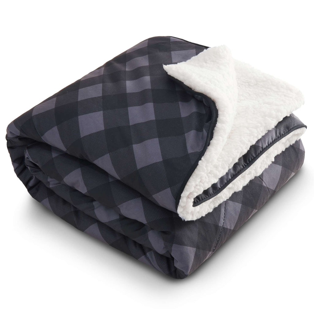 High Sierra Roll-Up Sherpa Blanket, Plaid Embroidery - Gray/Black - Left Angle 2