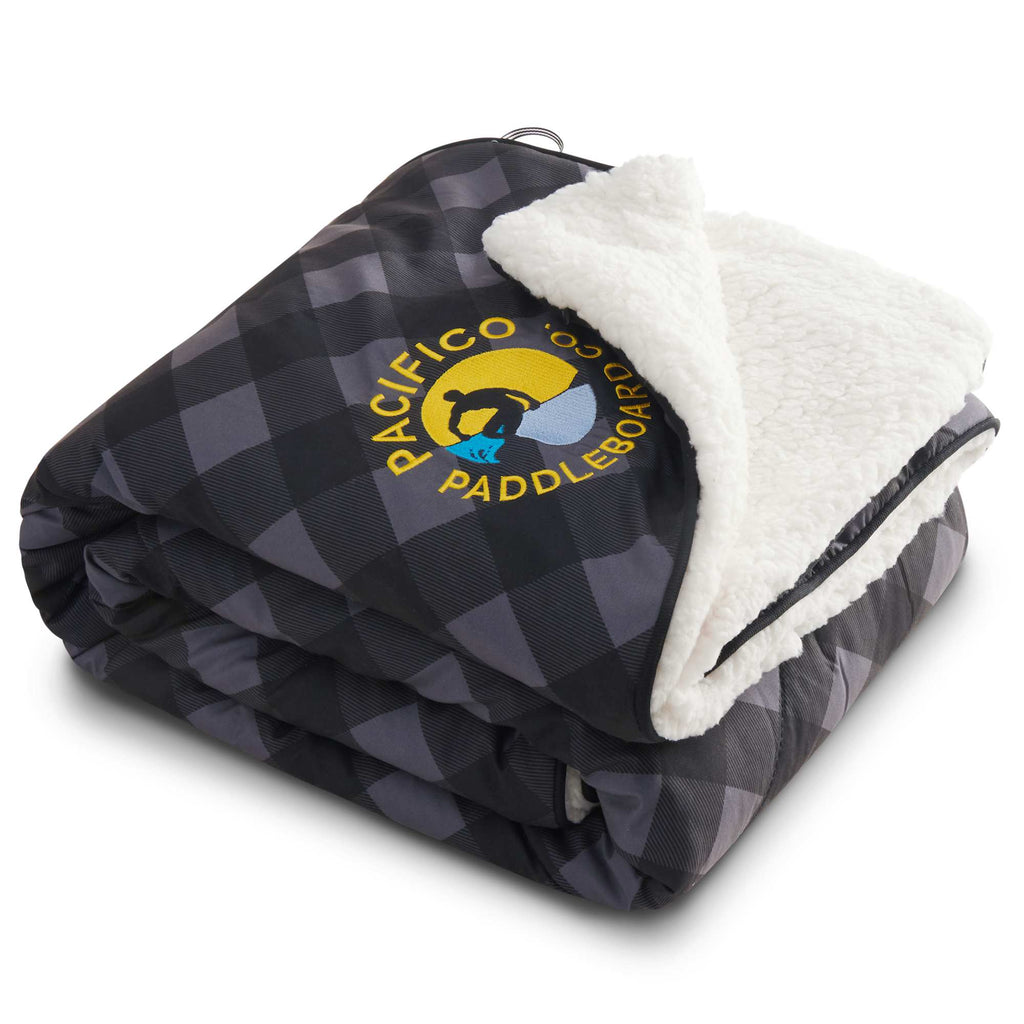 High Sierra Roll-Up Sherpa Blanket, Plaid Embroidery - Gray/Black - Left Angle