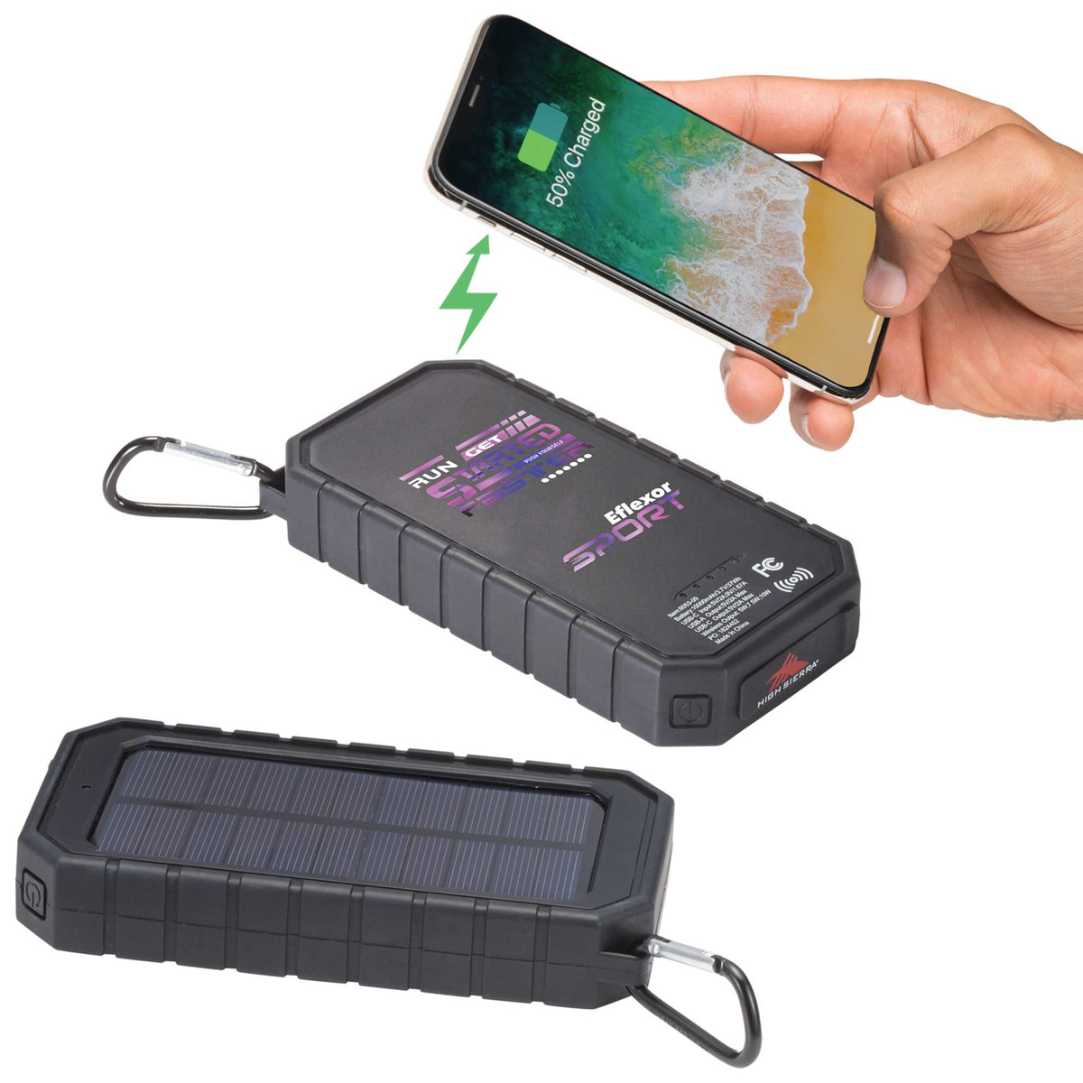 High Sierra Solar Wireless Power Bank with Carabiner, 10,000 mAh - Black - Front 2