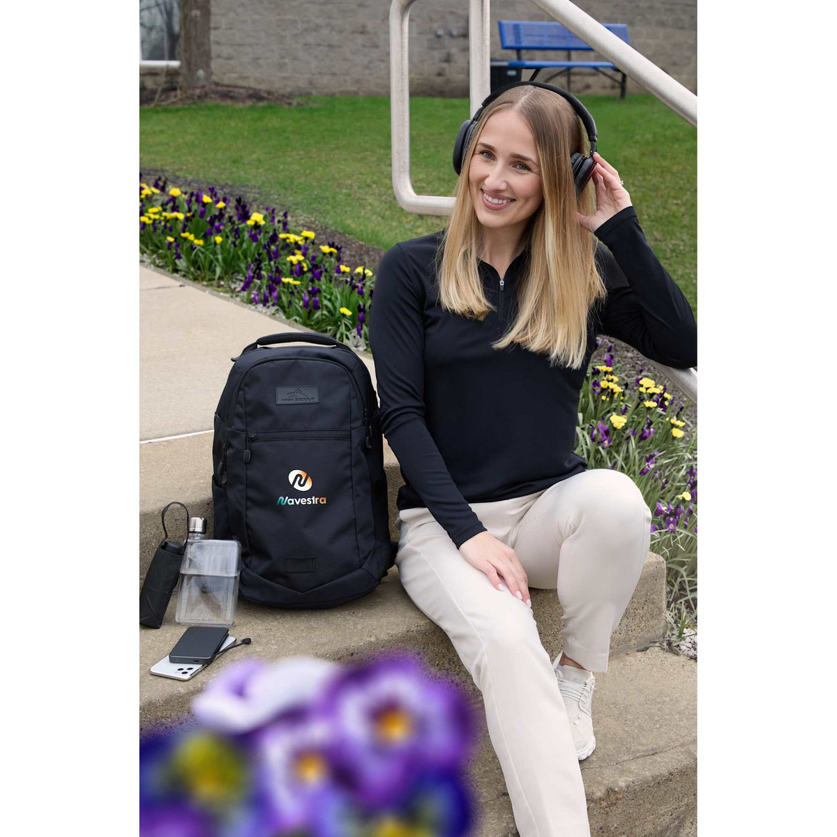 High Sierra Stoneway Recycled Laptop Backpack, 15 Inch Embroidery - Black - Front Lifestyle