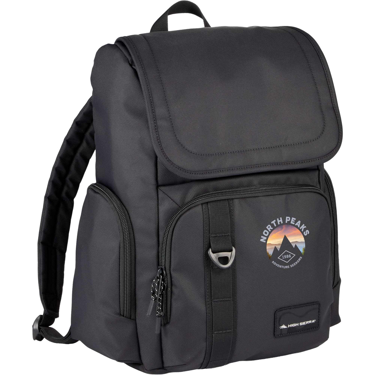 High Sierra Trekpoint Flap Backpack in Recycled Polyester Embroidery - Black - Front