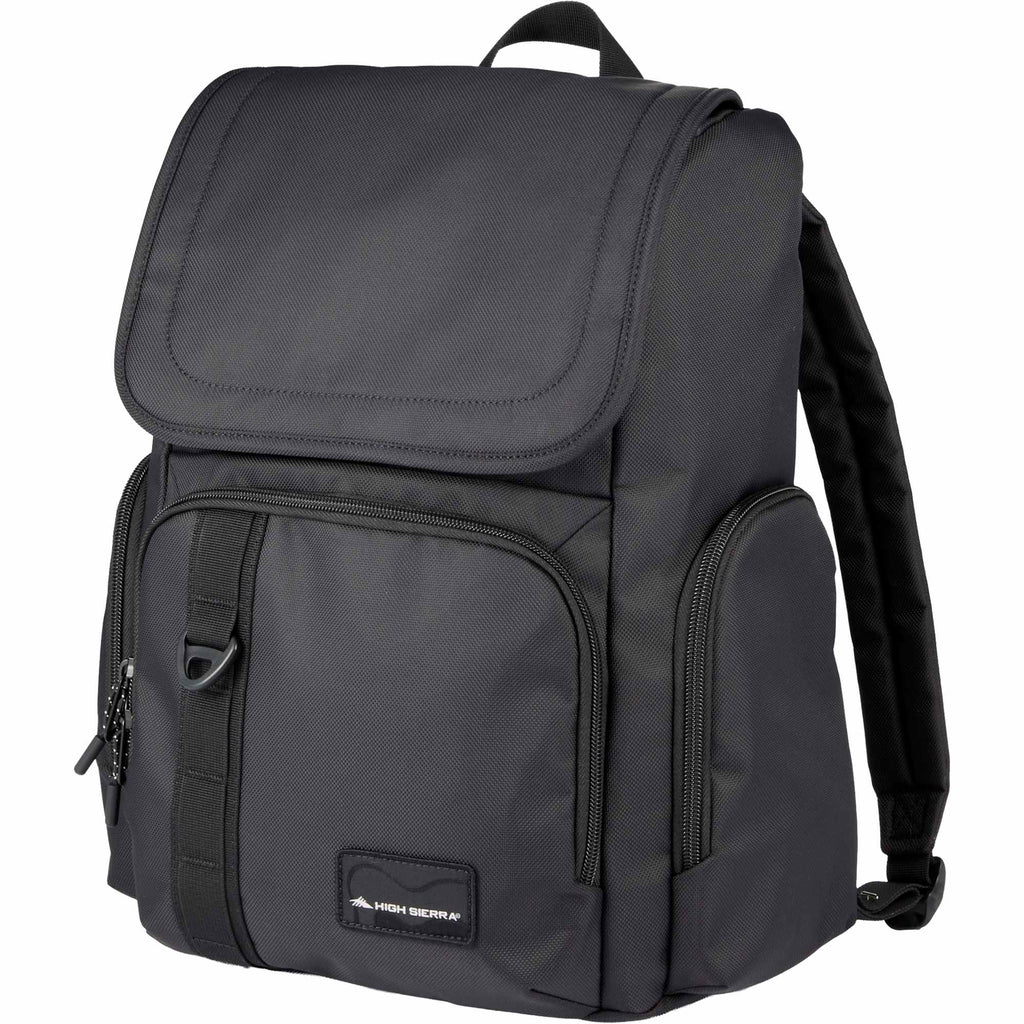High Sierra Trekpoint Flap Backpack in Recycled Polyester Embroidery - Black - Left Angle