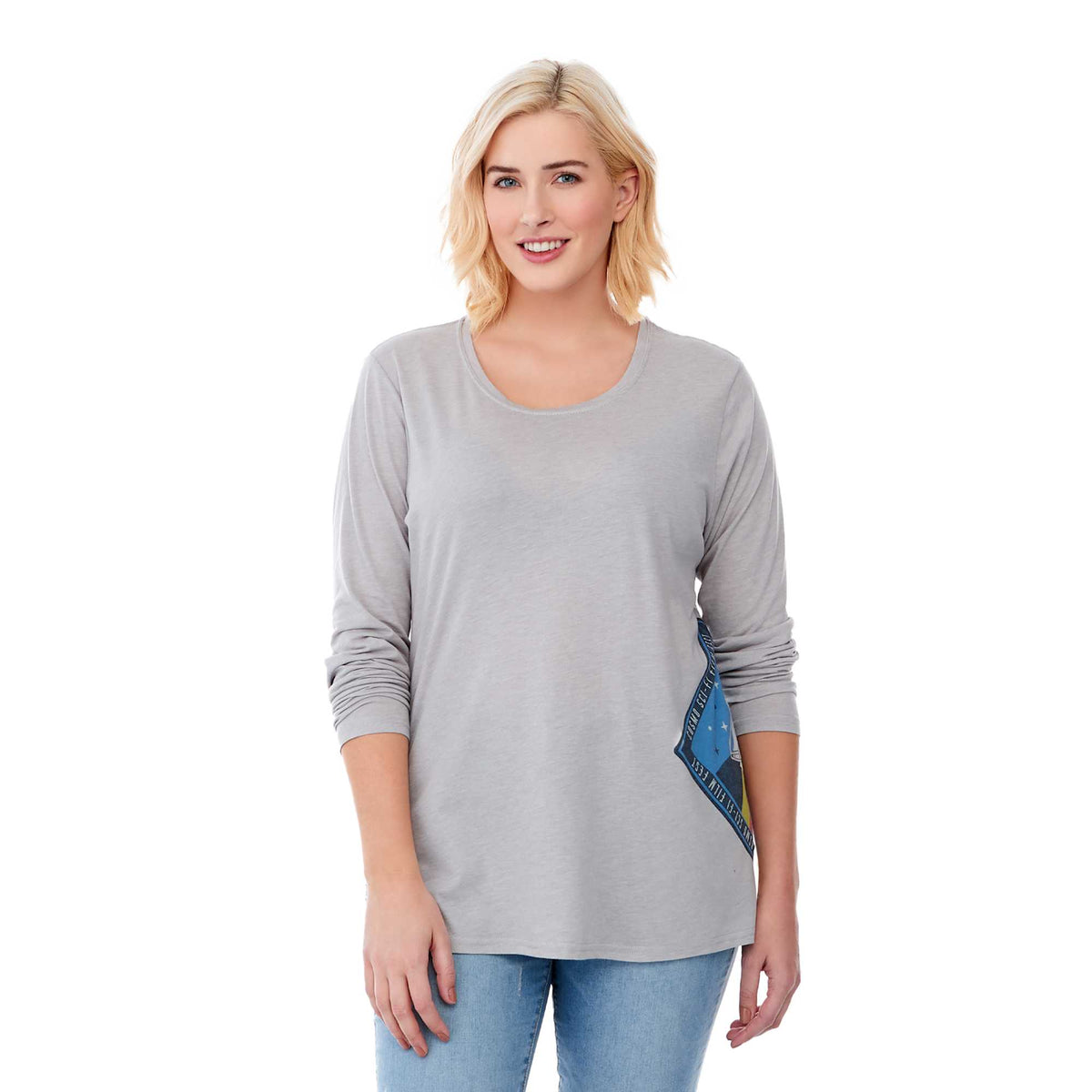 Holt Heathered Long Sleeve Crew Tee for Women Embroidery - Heather Grey - Front On Model