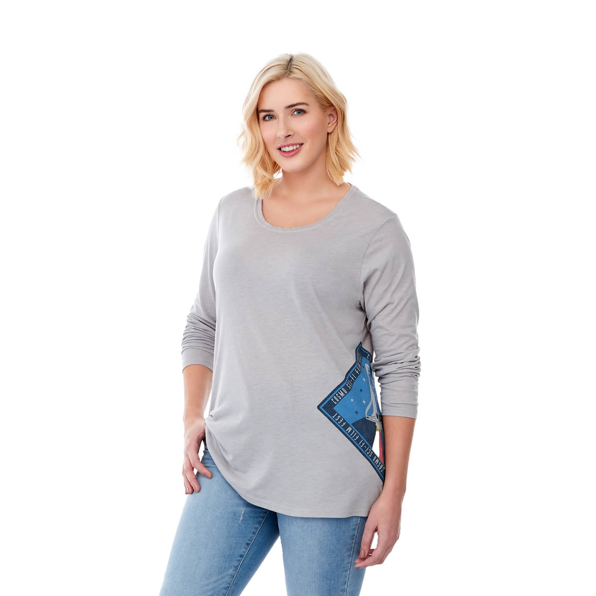 Holt Heathered Long Sleeve Crew Tee for Women Transfer - Heather Grey - On Model