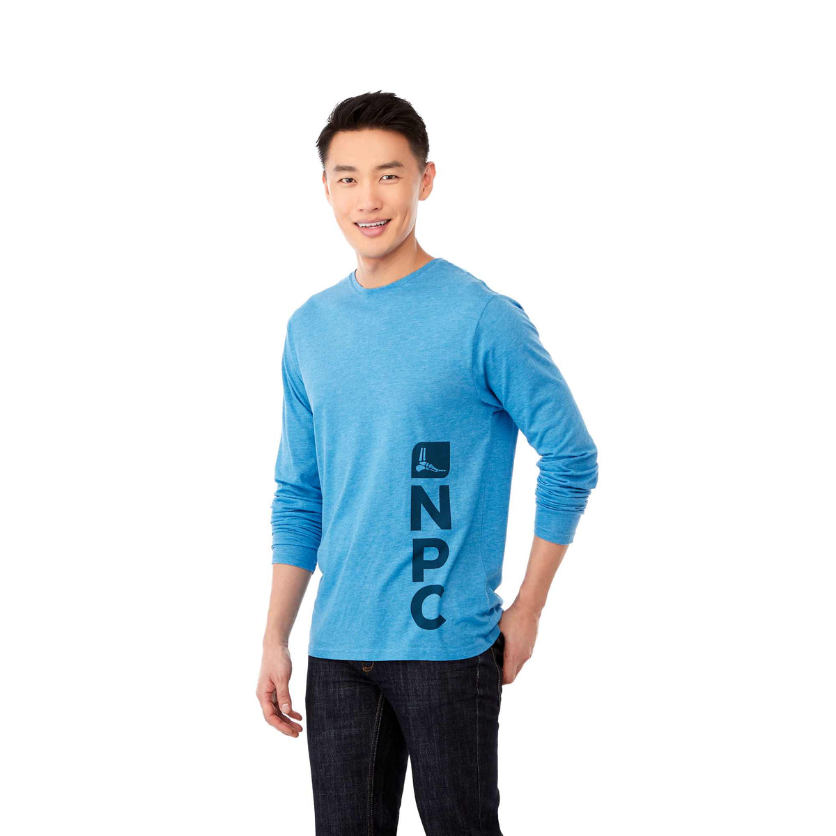 Holt Long Sleeve Crew Neck Tee for Men Sublimation - Olympic Blue Heather - On Model