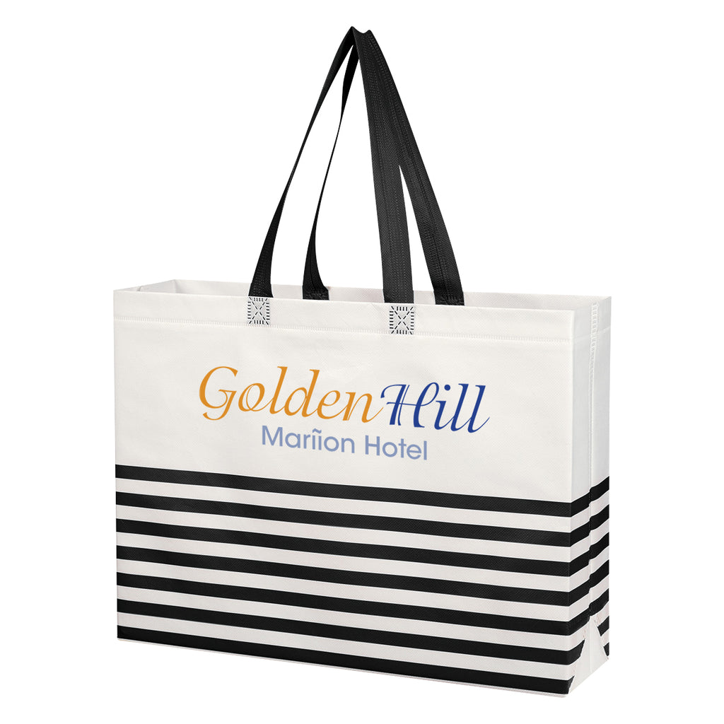 Horizontal Stripe Recycled Tote Bag, Non-Woven - White with Black - Colorbrite