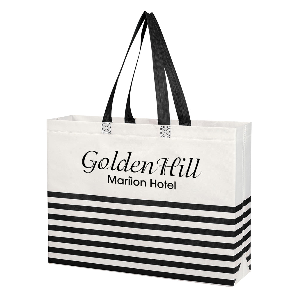 Horizontal Stripe Recycled Tote Bag, Non-Woven - White with Black - Silk Screen