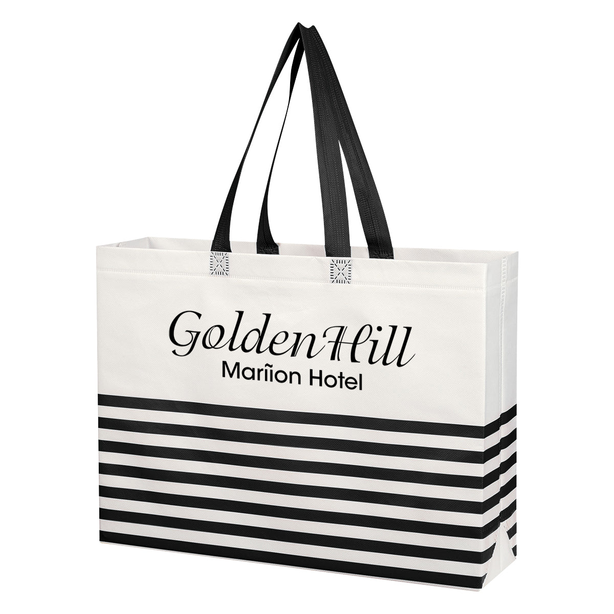 Horizontal Stripe Recycled Tote Bag, Non-Woven - White with Black - Silk Screen