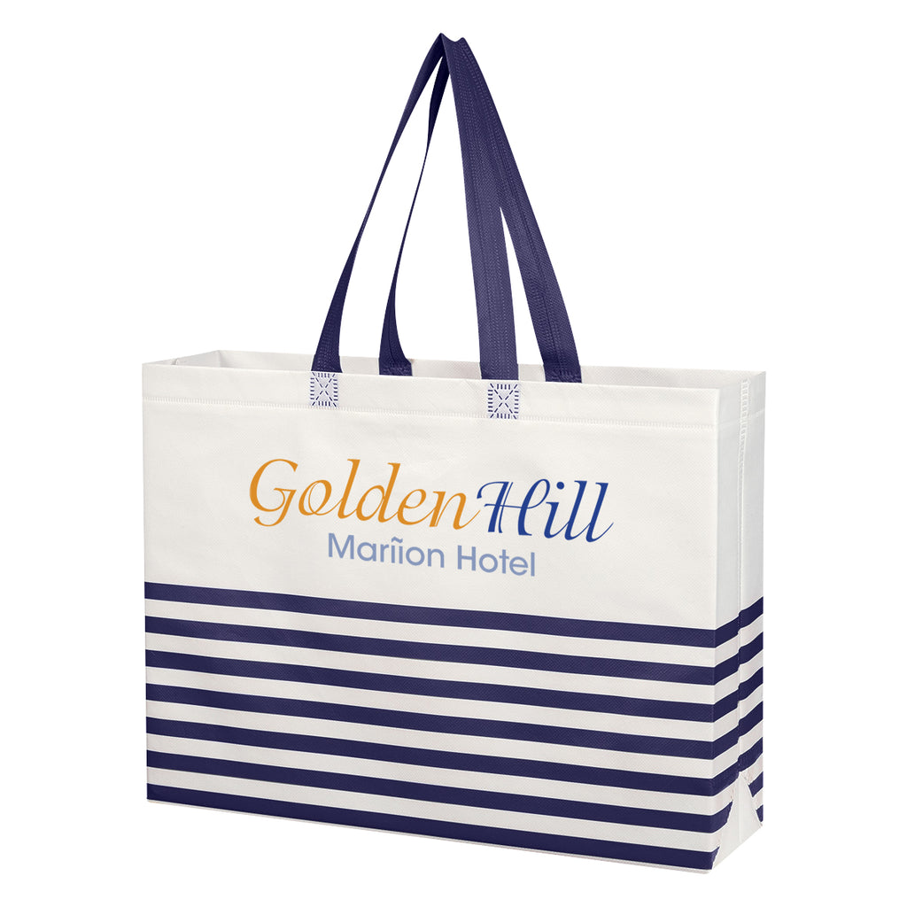 Horizontal Stripe Recycled Tote Bag, Non-Woven - White with Navy - Colorbrite