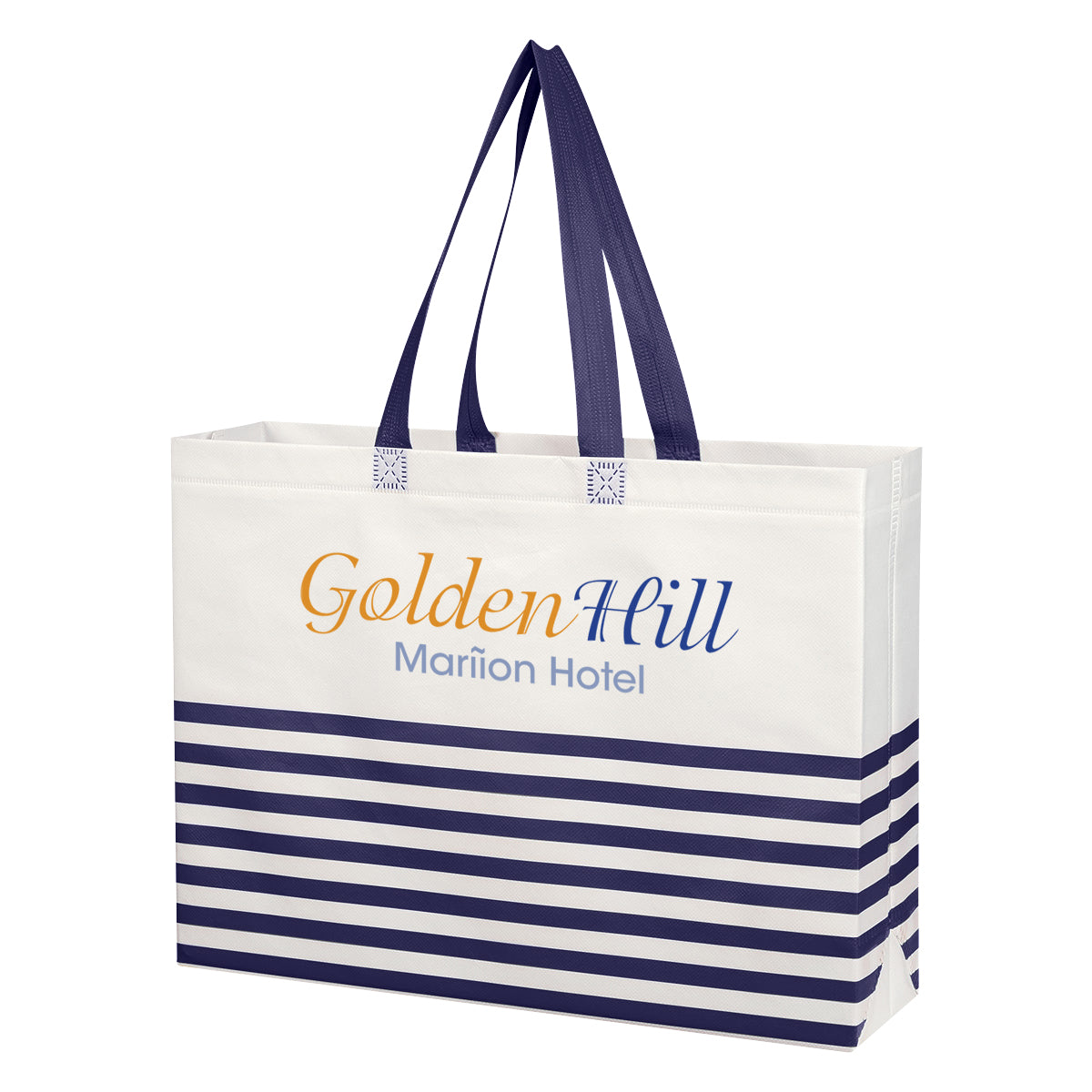 Horizontal Stripe Recycled Tote Bag, Non-Woven - White with Navy - Colorbrite